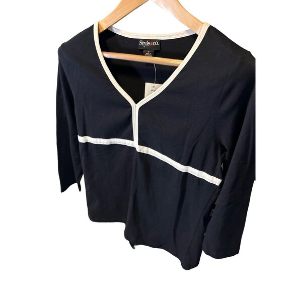 Style & Co. NWT Womens Black Long Sleeve Top White Trim Size M - Picture 3 of 7